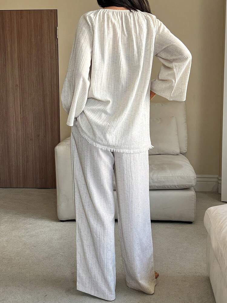 Elegant Tassel Decor Striped Pleated Loose Women Pajama Set