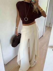 Aloruh 女士休闲优雅弹力腰宽松阔腿纯色长裤高腰裹身阔腿裤，Y2K风格长裤，白色阔腿裤，女士白色长裤 - 杏色 - 查看 9