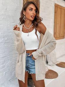 Franclia Women's Solid Color Drop Shoulder Cardigan With Double Pockets, Open Front Fall Winter Cloth For Women - Apricot - View 6