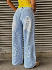 StreetHx Women's Fashionable Casual Versatile Y2K English Print Straight Leg Jeans - Light Wash - View 6