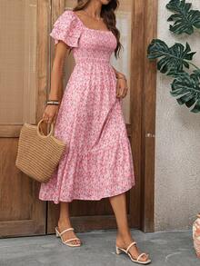 EMERY ROSE Women's Summer Vacation Casual Ditsy Floral Square Neck Midi Dress - Pink - View 5