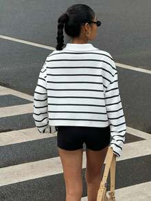 Muchica Women's Black & White Striped Long Sleeves Knit Polo Collar Sweatshirt With Knight Print,Spring / Summer Break Outfits - Black and White - View 2