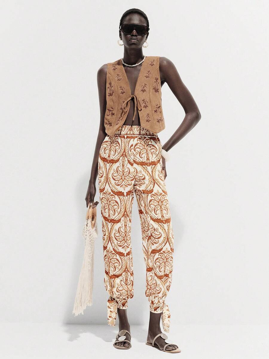 Lumivelle Waist Tie Ankle Tie Paisley & Cashew Flower Print Harem Pants - Multicolor - View 1