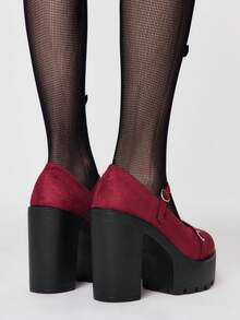 ROMWE Kawaii 女士高跟鞋，暗黑摇滚朋克哥特风，闭趾玛丽珍小号皮鞋，粗跟，搭扣设计，Y2K风格，适合正装、通勤和工作场合。 - 酒紅布面 - 查看 5