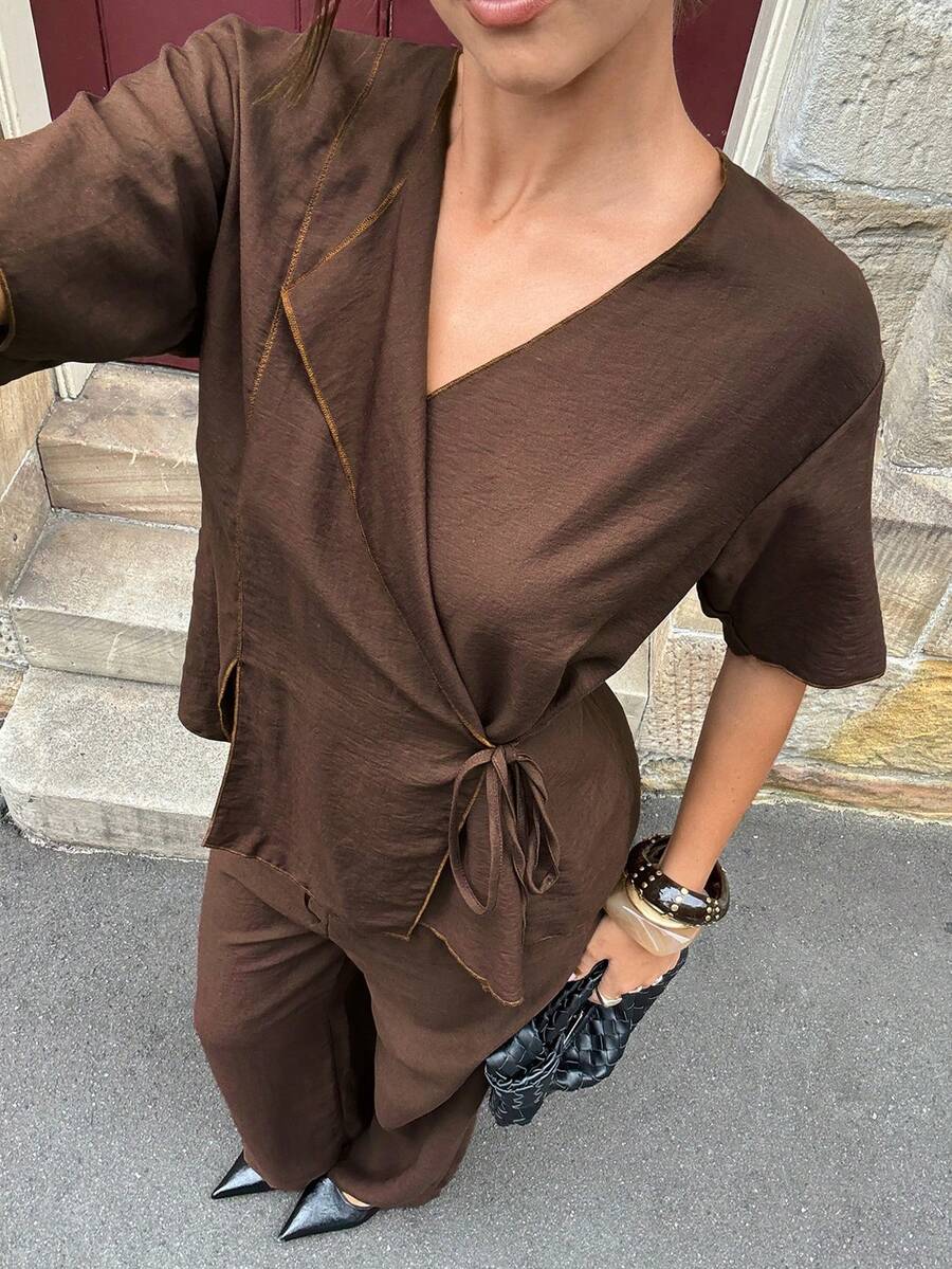 Siren Gaze 2pcs Women Casual Wrap Top And Pants Set, Linen Ladies Outfit, Pants Set, Valentine's Day & New Year Ladies Suit Jacket, Brown 2pcs Set, Suit, Office Ladies Wear, Business Ladies Wear, 2pcs Spring Summer Outfit, Couple Matching, Shirt Set, Parent-Child Pajamas, New Year Ladies Wear - Brown - View 1
