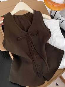 GlowEve Tie-Front French Retro Fashion Relaxed Tie-Up Minimalist Versatile Elegant Women Shirt - Brown - View 4