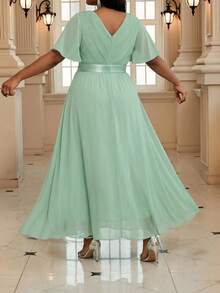 Fleurora 大码纯色常规肩部荷叶边下摆裹腰短袖夏季连衣裙 - 薄荷綠 - 查看 3