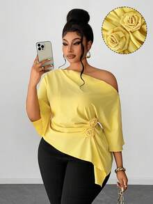 Maweii 大码女士优雅休闲衬衫，肩部褶皱设计，玫瑰花腰部点缀，手帕式下摆，简约风格，适合工作、度假、日常穿着，春夏秋季皆宜。 - 黃色 - 查看 1