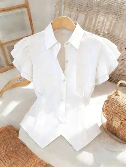 Elenzga New Elegant Design Cropped Waist-Cinched Shirt, Ruffled Sleeve Design, Sheer Accent, Classic Solid Color, Young Professional Women Blouse