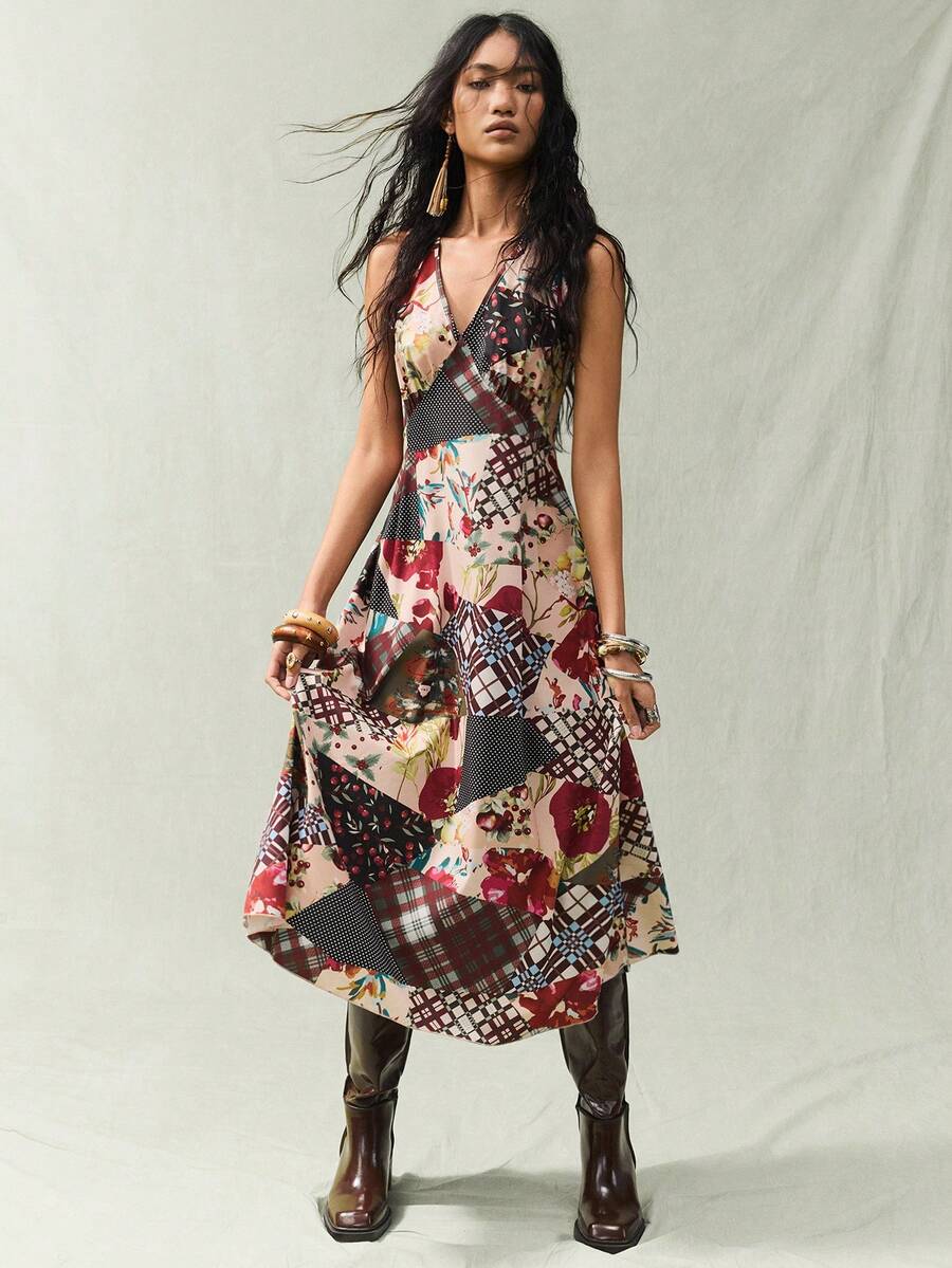 SoleilVie 女士优雅无袖印花连衣裙 拼接连衣裙 波西米亚风连衣裙 女士裹身裙 女士西式连衣裙 Anthropologie 女装 女士西式连衣裙 女士西式连衣裙 - 彩色 - 查看 1