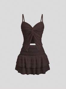 Sweetra French Sweet Ruffle Strap Twist Top & Layered Ruffle Hem A-Line Mini Skirt 2 Pieces Set For Women, Spring/Summer - Brown - View 3