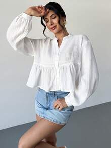 Rafferiza Áo sơ mi nữ dáng rộng tay ngắn, cổ chữ V, vai rớt, chất liệu crepe, chất liệu cotton nguyên chất, kiểu dáng thường ngày. - trắng - Xem 7