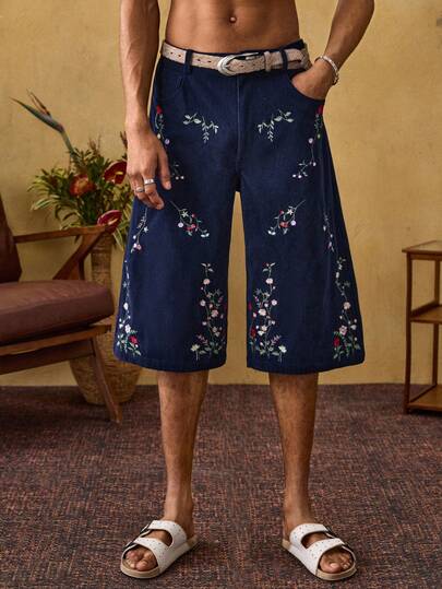 ROMWE MEN Street Life Men's Casual Corduroy Floral Embroidered Shorts