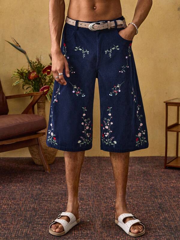 ROMWE MEN Street Life Men's Casual Corduroy Floral Embroidered Shorts