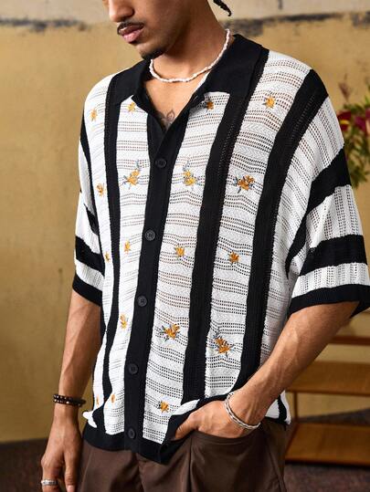 ROMWE MEN Street Life Men's Striped Jacquard, Floral Embroidery Single-Breasted Short Sleeve Knit Top
