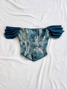 Top con estampado de jacquard floral colorido y estilo vintage palaciego con botones y lazo en la espalda, elegante para vacaciones y citas.Crop top hombros descubiertos, tropical, ve - Multicolor 7 - Ver 7
