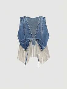 SHEIN MOD Áo khoác denim nữ cổ chữ V thắt nơ tua rua thời trang đa năng - Màu xanh lam - Xem 3