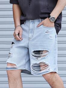 Manfinity LEGND Men's Fashion Wide Leg Denim Shorts - Light Wash - View 3