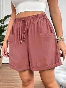 SHEIN Tall CURVE Women's Plus Size Fashionable Casual Loose Shorts With Pocket Design - Pink - View 5