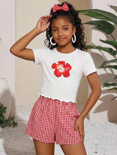 Tween Girls Floral Print White Knit T-Shirt + Loose Plaid Shorts 2 Piece Set, Casual Vacation Fashion Versatile, Matching Sister, Park Camping, Family Photo, Party, Daily Wear