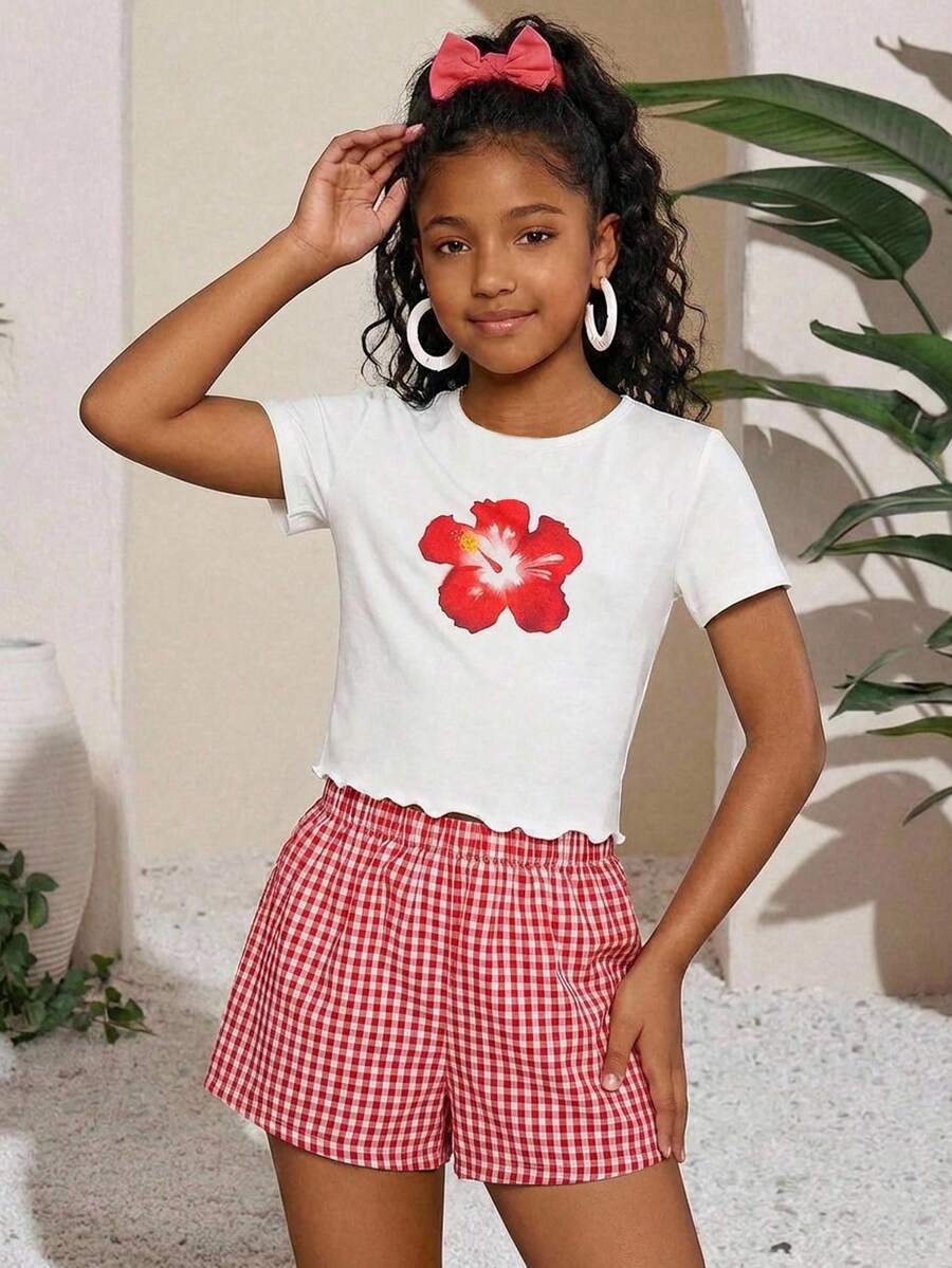 Tween Girls Kids Summer Squishy Floral Print White Knit T-Shirt + Loose Plaid Shorts 2 Piece Set, Casual Vacation Fashion Versatile, Matching Sister, Park Camping, Family Photo, Party, Daily Wear - Red and White - View 1