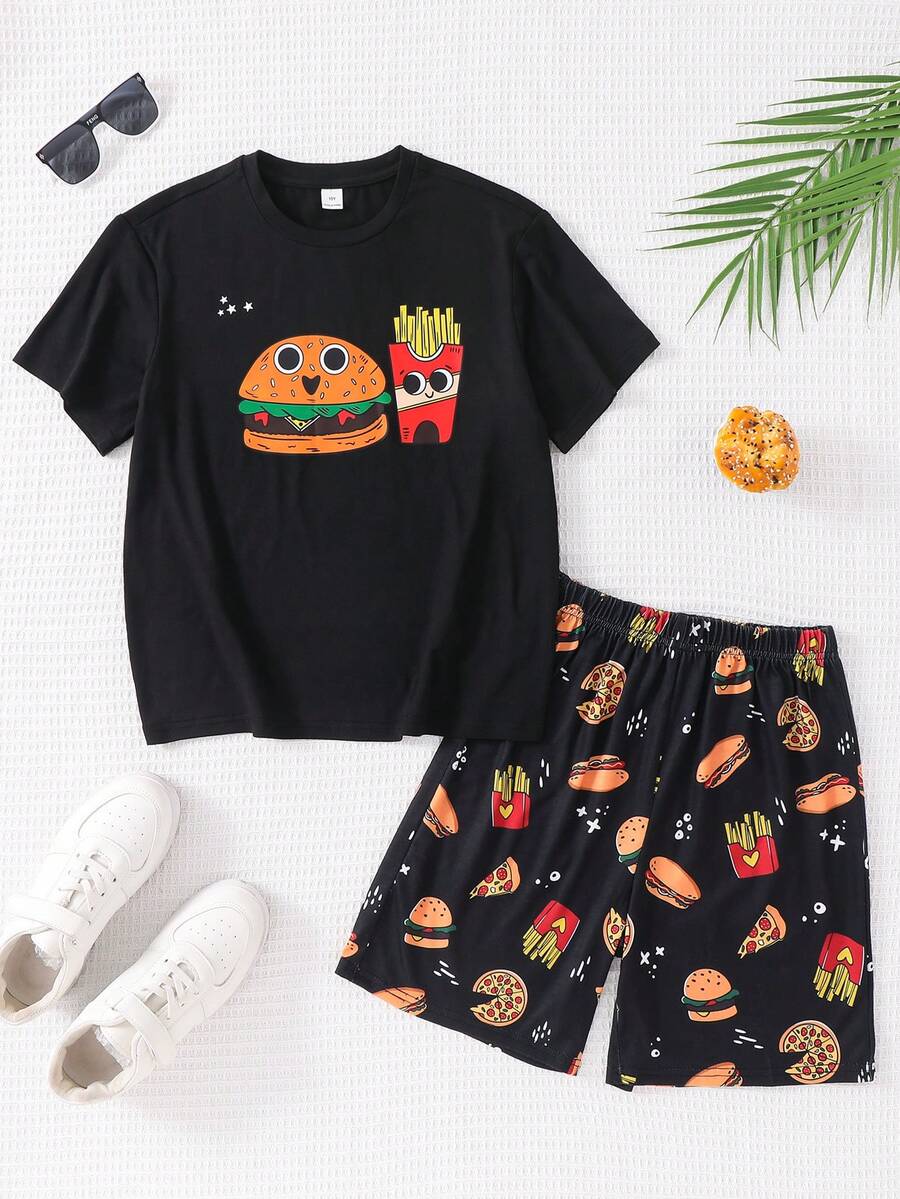 SHEIN 两件套男童休闲简约圆领短袖T恤和汉堡印花宽松睡裤睡衣套装 - 彩色 - 查看 1