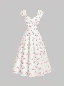 Vestido midi elegante de vacaciones y con cintura ceñida, estampado floral, volantes y encaje en parches, de una sola hilera de botones para mujer - Celeste - Ver 7
