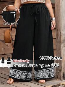 SHEIN CURVE+ Curve 尺码 US22 音乐节、海滨度假、波西米亚风女式印花休闲阔腿裤，时尚日常西部风波西米亚90年代音乐节夏季复古波西米亚春假狂欢波西米亚裤女款夏季裤女阔腿裤 - 黑色 - 查看 1