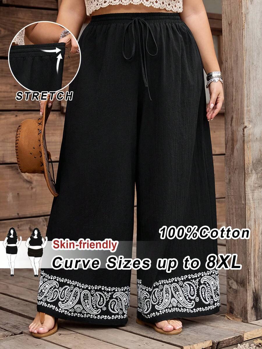 SHEIN CURVE+ Curve 尺码 US22 音乐节、海滨度假、波西米亚风女式印花休闲阔腿裤，时尚日常西部风波西米亚90年代音乐节夏季复古波西米亚春假狂欢波西米亚裤女款夏季裤女阔腿裤 - 黑色 - 查看 1
