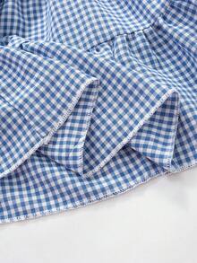 SHEIN Vintaside Kids 女婴夏季新款圆领后开襟海军蓝领花卉刺绣腰部松紧下摆拼接泡泡袖连衣裙，白色蝴蝶结装饰，可爱度假百搭甜美格子学院风 - 藍色 - 查看 9