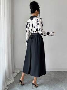 Elenzga Urban Chic New Women's Spring/Summer Floral Print Lapel Puff Sleeve Belted High Waist A-Line Midi Dress, Suitable For Daily Wear, Weddings, Galas, Commute, Graduation Parties, Holidays, Vacations, Dates, Parties, Halloween, Christmas, New Year, Thanksgiving - Black - View 2