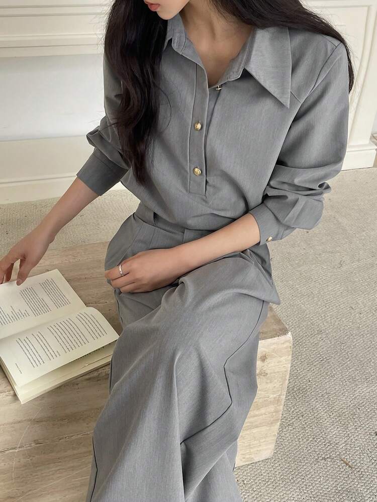 Women's Casual Commuter Solid Color Shirt And Pants 2 Pieces Set Summer