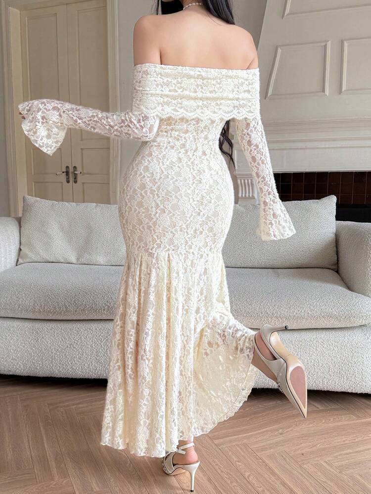 Women's Elegant Lace Off-Shoulder Midi Dress, Suitable For Spring/Summer Occasions