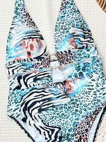 Swim SXY Traje de baño de una pieza con escote en V profundo y cuello halter con estampado de leopardo sexy, para primavera y festivales bohemios - Multicolor - Ver 3