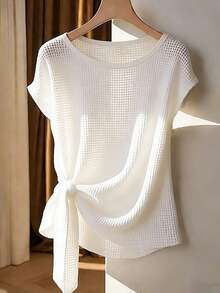 Franclia Fashionable French Chic Slimming Round Neck White Knit Sweater, Tie Design, New Summer White T-Shirt For Women, Elegant Casual Top - White - View 1