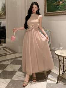 DAZY Women's Elegant Rivet Studded Halter Neck Twist Midi Dress, Summer,Wedding Guest Dress Women Sundress - Apricot - View 6