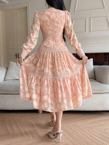 DAZY Women's Elegant Floral Lace Patchwork V-Neck Petal Sleeve Mid-Length Dress, Spring/Summer,Wedding Guest Dress Women Sundress - Pink - View 2