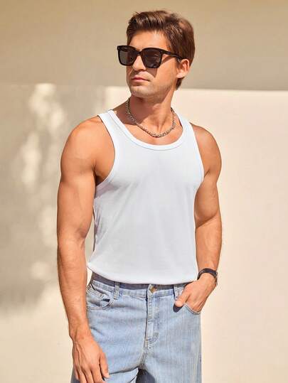 Manfinity CityGents 3 件男士纯色圆领休闲运动背心健身上衣背心套装基本款 T 恤篮球球衣男士连帽衫健身服跑步 T 恤和背心健身上衣白色背心透气