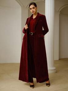 ZEYLAH Women's Corduroy Lapel Collar Fashionable Versatile Long Sleeve Trench Coat, Suitable For Autumn/Winter Outings - Red - View 3