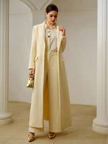 ZEYLAH 女士翻领长袖休闲灯芯绒收腰长款外套，秋冬款 - 米色 - 查看 3