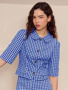 lacRébo Green Gingham Button-Up Short-Sleeve Jacket With Rounded Collar Cute Vintage Style - Blue and White - View 7