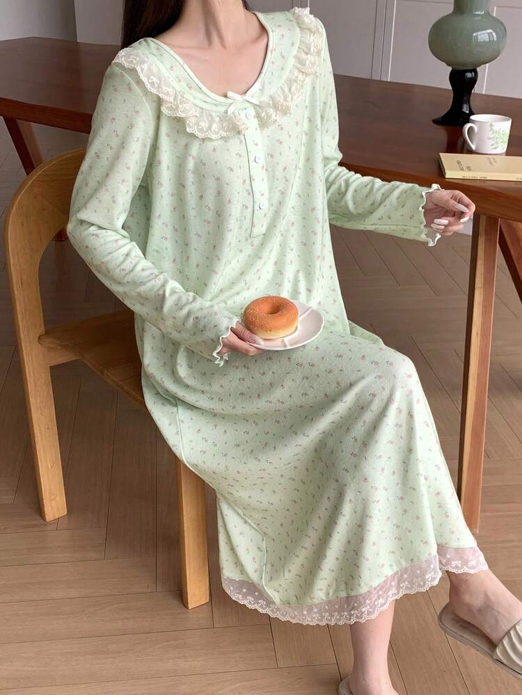 Lace Patchwork Ditsy Floral Long Sleeve Dress, Women Spring Casual Loungewear