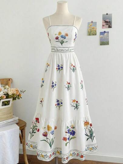 Girlism 少女白色编织花卉植物印花收腰A字连衣裙，适合度假、海滩、周末、假日穿着