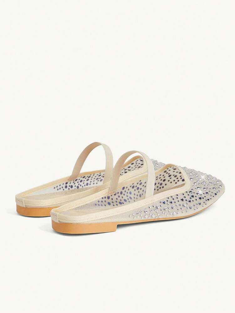 CUCCOO CHICEST Women Shoes Summer And Summer Fashion Beige Full Diamond Mesh Elastic Band Women Flat Mule Shoes Elegant When Comfortable And Cute Sweet Women Flat Shoes Half Slippers Wedding Shoes Summer Shoes Bride Shoes