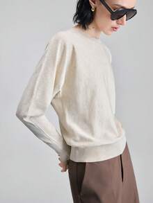 Ontre 2026春夏女式纯色圆领蝙蝠袖长袖宽松休闲针织衫，商务休闲，情人节，婚礼季 - 杏色 - 查看 3