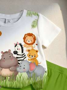 SHEIN Playful Pals 男婴休闲度假简约时尚可爱动物园猴子河马大象斑马狮子熊圆领T恤和配套短裤套装，适合夏季、休闲、户外、上学穿着 - 彩色 - 查看 4