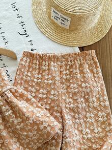 SHEIN LMoss Kids 女婴可爱碎花吊带背心和松紧腰裤套装，夏季 - 橘色 - 查看 4