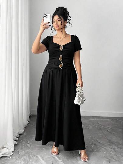 Elenzga Women's Fashionable Elegant Short Sleeve Pleated Metal Decor Dress