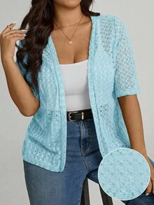 Comfylo 大码休闲纯色开襟短袖针织衫，夏季 - 淺藍色 - 查看 1