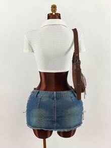 Amplova 2026 女士度假风纹理面料 V 领扭结前襟短款衬衫 - 杏色 - 查看 2